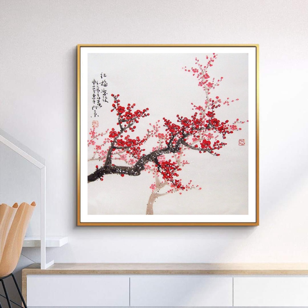 Tranh canvas treo tường cành hoa đào vuông 60 x 60 cm