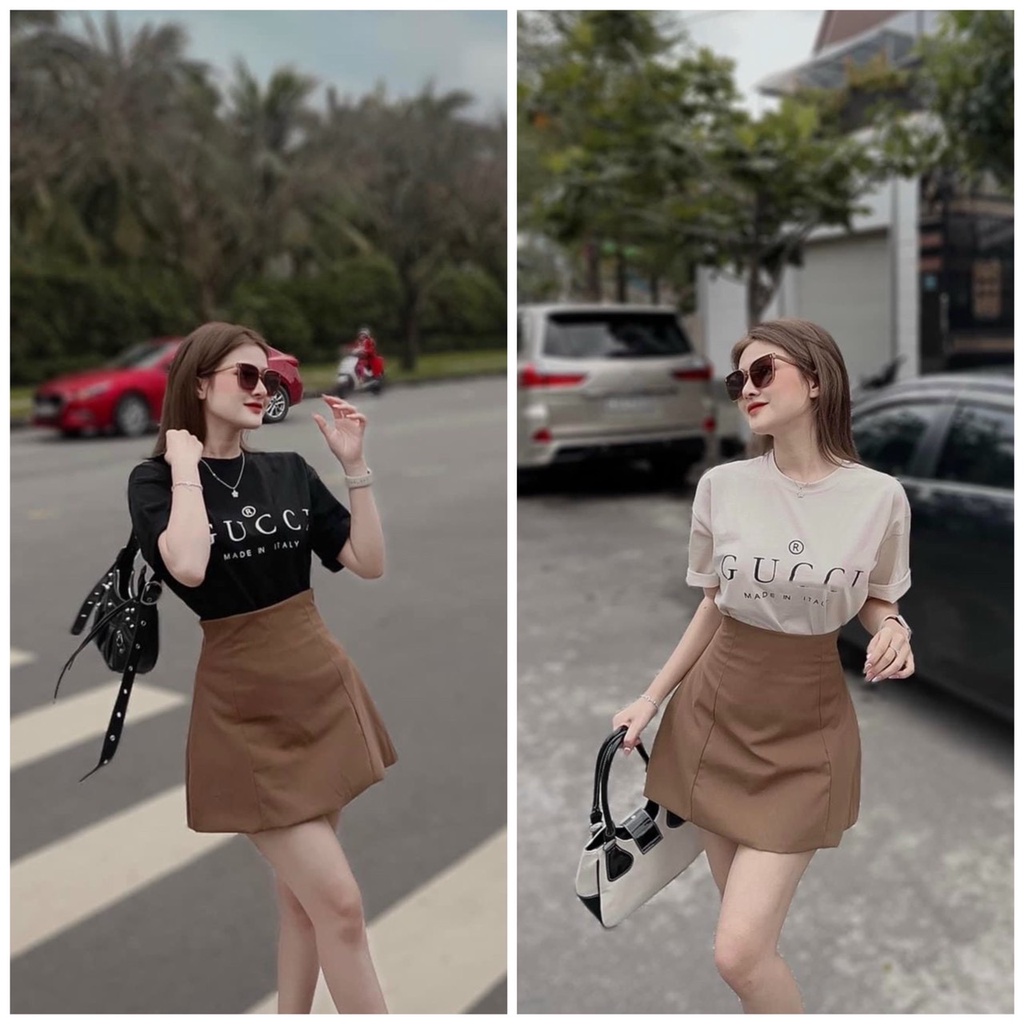 Sét áo váy đi chơi cực xinh áo thun in chữ phối cùng chân váy chữ A (có lót)