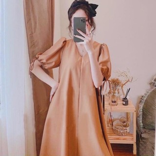Váy đũi v04 buộc nơ tay bồng đầm bầu cổ tim siêu mát