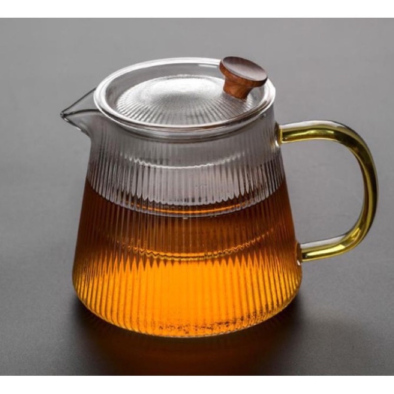 ẤM TRÀ thủy tinh decor vân sọc quai vàng có lõi lọc 500ml