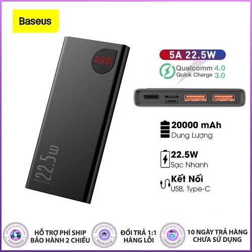 Pin dự phòng sạc nhanh, vỏ kim loại Baseus Adaman hỗ trợ sạc nhanh PD/QC3.0-Công suất 22.5W, Đèn LED báo dung lượng pin