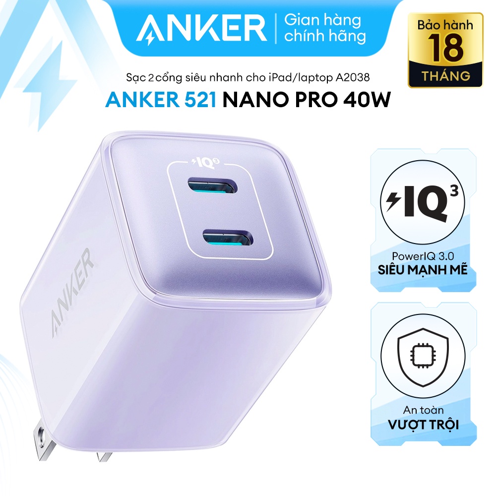 Sạc ANKER 521 Nano Pro 40W 2 Cổng USB-C PiQ 3.0 tương thích PD - A2038