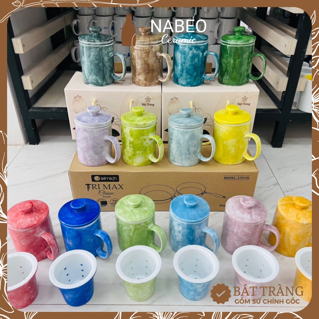Cốc Lọc Trà Vân Đá Gốm Sứ Bát Tràng, Cốc Sứ Đẹp Pha Trà Nhiều Màu Sắc Dung Tích 350ml