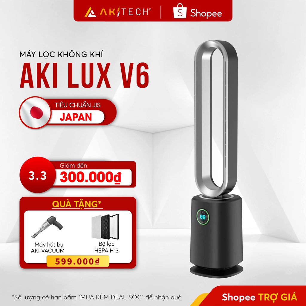 Máy lọc không khí AKI LUX V6 tích hợp quạt điều hòa không cánh tạo ion âm, màn hình báo chất lượng không khí