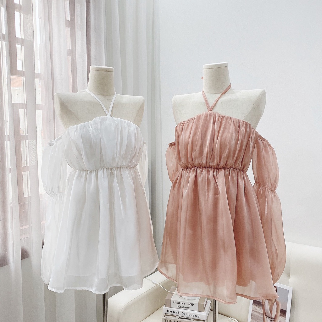 Đầm trễ vai cúp ngực cổ yếm tay dài voan tơ cao cấp phong cách bánh bèo tiểu thư Nu House kèm ảnh thật shop chụp