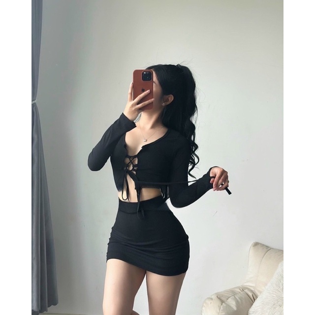 Set Váy Body Áo Tay Dài Cột Dây (Chân váy có quần)