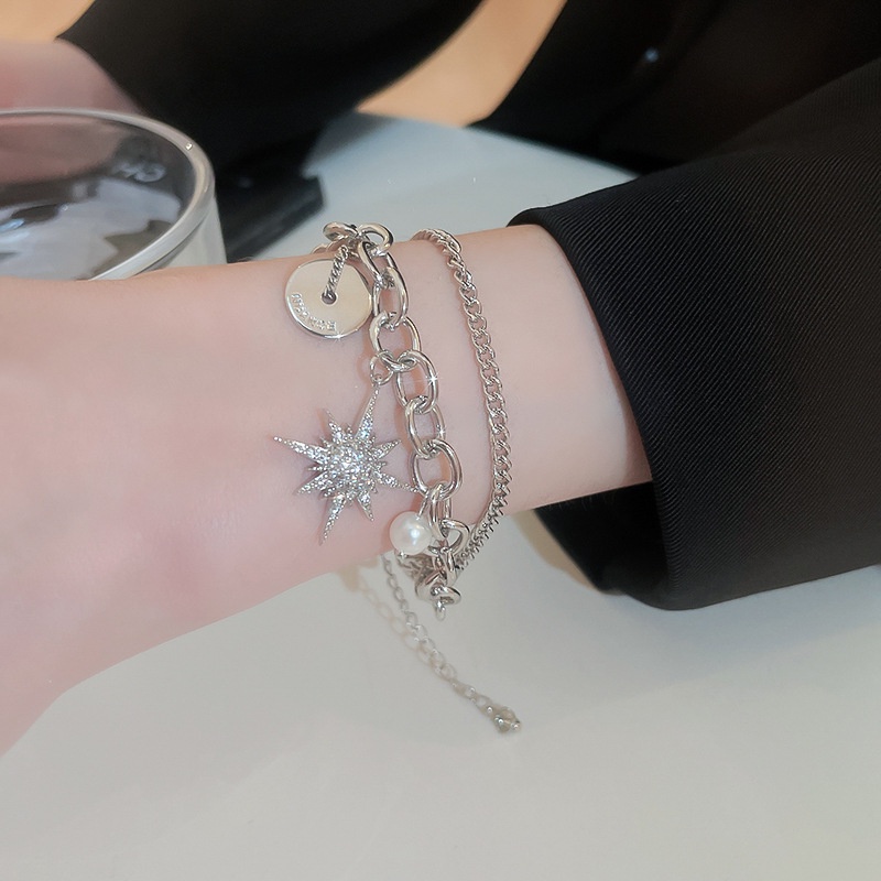 Vòng Tay Ngọc Trai Hai Lớp Bằng Kim Loại Màu Bạc Phong Cách hip hop Thời Trang Chất Lượng Cao Cho Nữ