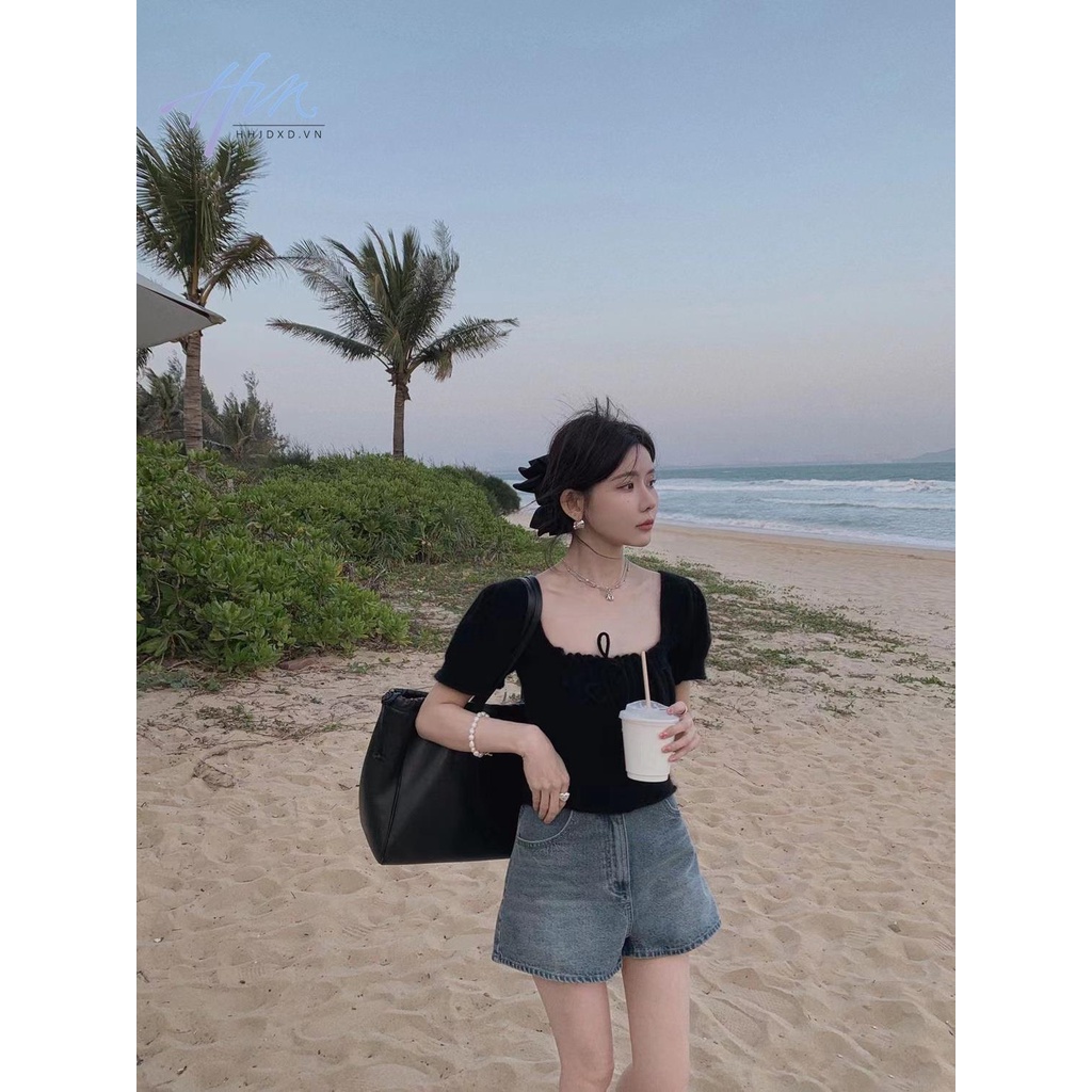 Áo Thun Dệt Kim Ngắn Tay Dáng Ôm Thiết Kế Rút Dây Xếp Ly Kiểu Pháp Thời Trang Cho