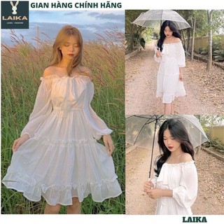 Đầm Xòe Màu Trắng Trễ Vai - Váy tay dài hở vai siêu xinh trẻ trung nữ tính tiểu thư hàn quốc hot - LAIKA V18