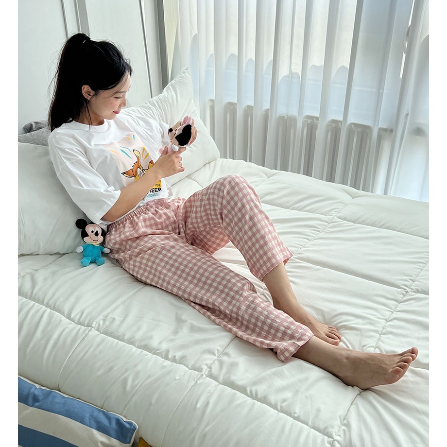 Quần dài baggy caro trắng hồng dễ thương vải ford cao cấp form rộng thoải mái đi chơi, mặc ở nhà ngủ