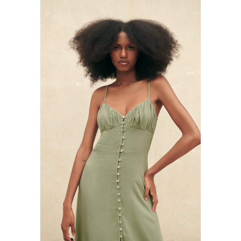 ZARA Đức - Đầm midi maxi dài hai dây cổ V đũi pha viền xòe cúc cài trước màu xanh lá sale auth new có sẵn 7980/939