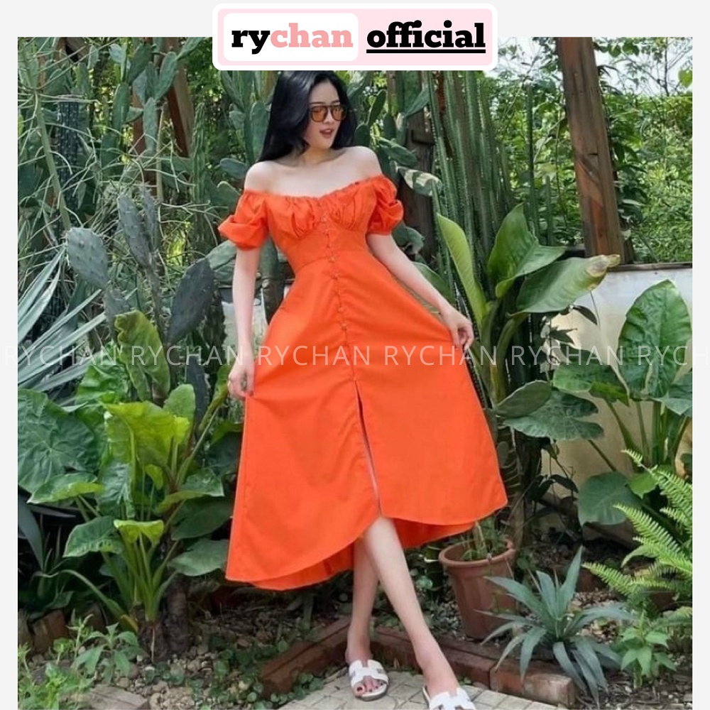 Đầm Nữ Trễ Vai Tay Ngắn Nhúng Ngực Nút Bọc Xẻ Tà Quyến Rũ, Đầm Nữ Đi Tiệc Form Dài Dáng Xòe Sexy Màu Cam - DX376