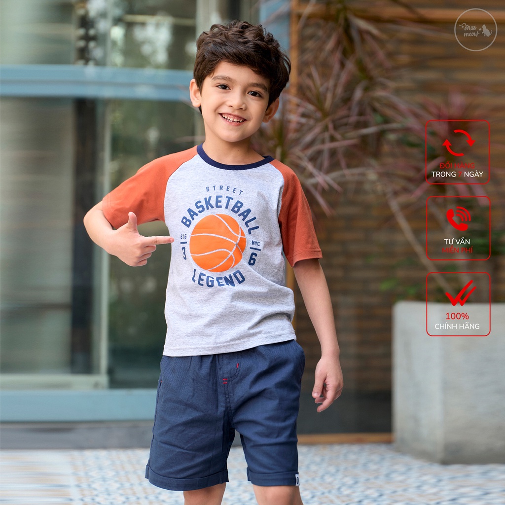 Áo bé trai cộc tay Bigfox Miss Meow size đại, áo thun bé trai phong cách Hàn Quốc in Basketball cỡ 3-11 tuổi 30kg 40kg