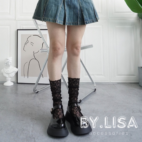 Tất ren nữ mềm mại kiểu dáng Lolita đáng yêu, Tất cổ cao trắng dập nổi họa tiết phong cách Hàn Quốc by.Lisa