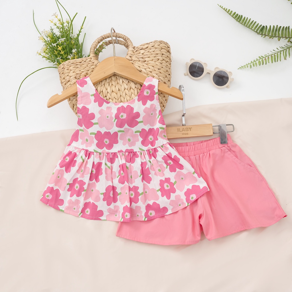 [Tăng 1 size] Set đồ bộ bé gái ILABY áo hoạ tiết buộc nơ sau chất liệu thô cotton mềm mại thoáng mát [52IG1661C3FT]