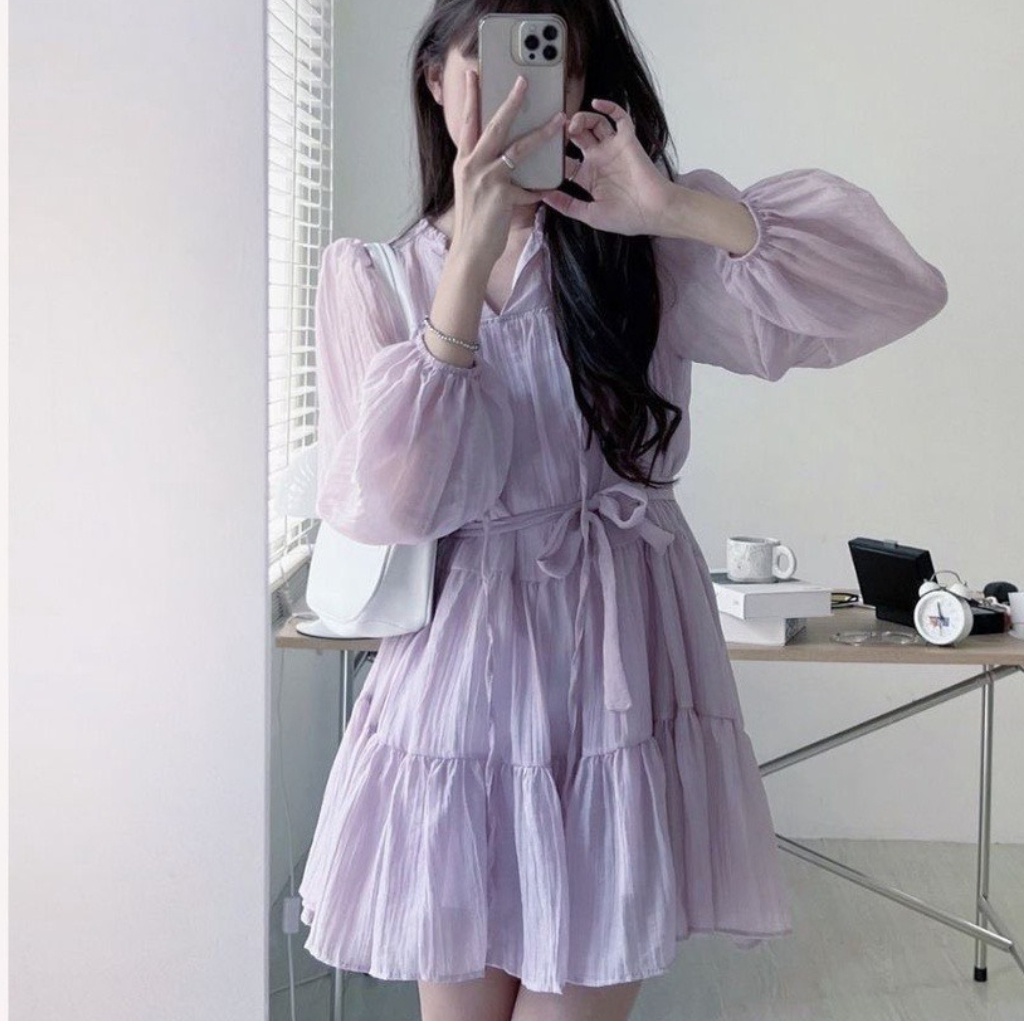 Váy 2 lớp voan dáng xòe dài tay kèm dây buộc nơ eo xinh xắn 3 màu be xanh tím xưởng sỉ nguyễn hoa