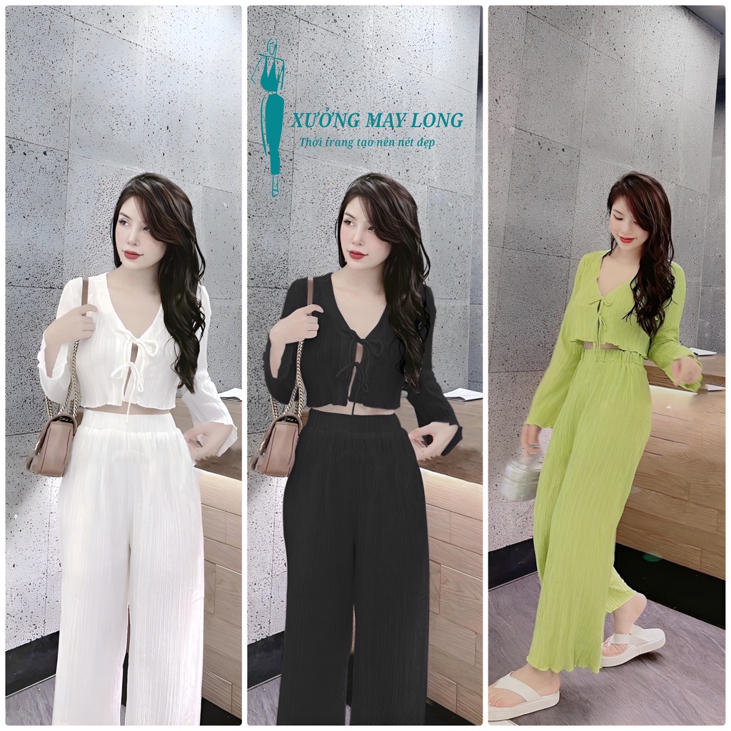 Sét đồ bộ croptop tay dài thắt nơ sét bộ đồ đủi gân sét đồ bộ 3 màu hàn quốc