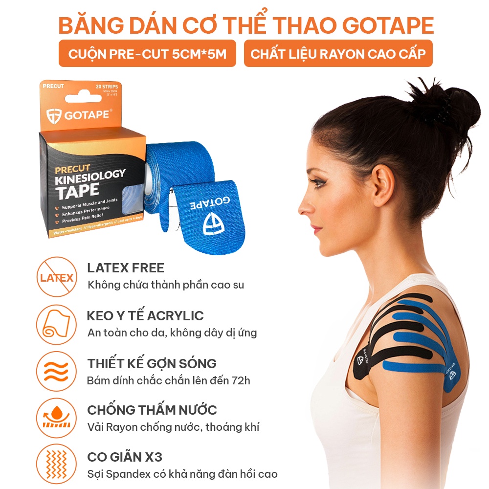 Băng dán cơ thể thao GOTAPE, cuộn Pre-cut, 5cm*5m, chất liệu Rayon cao cấp, không chứa cao su