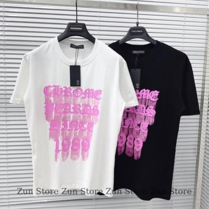 Áo phông tay lỡ Unisex GC đẹp chữ hồng loang Chrome Hearts 1989, Áo thun đôi nam nữ Premium cotton cao cấp Đen Trắng AT1