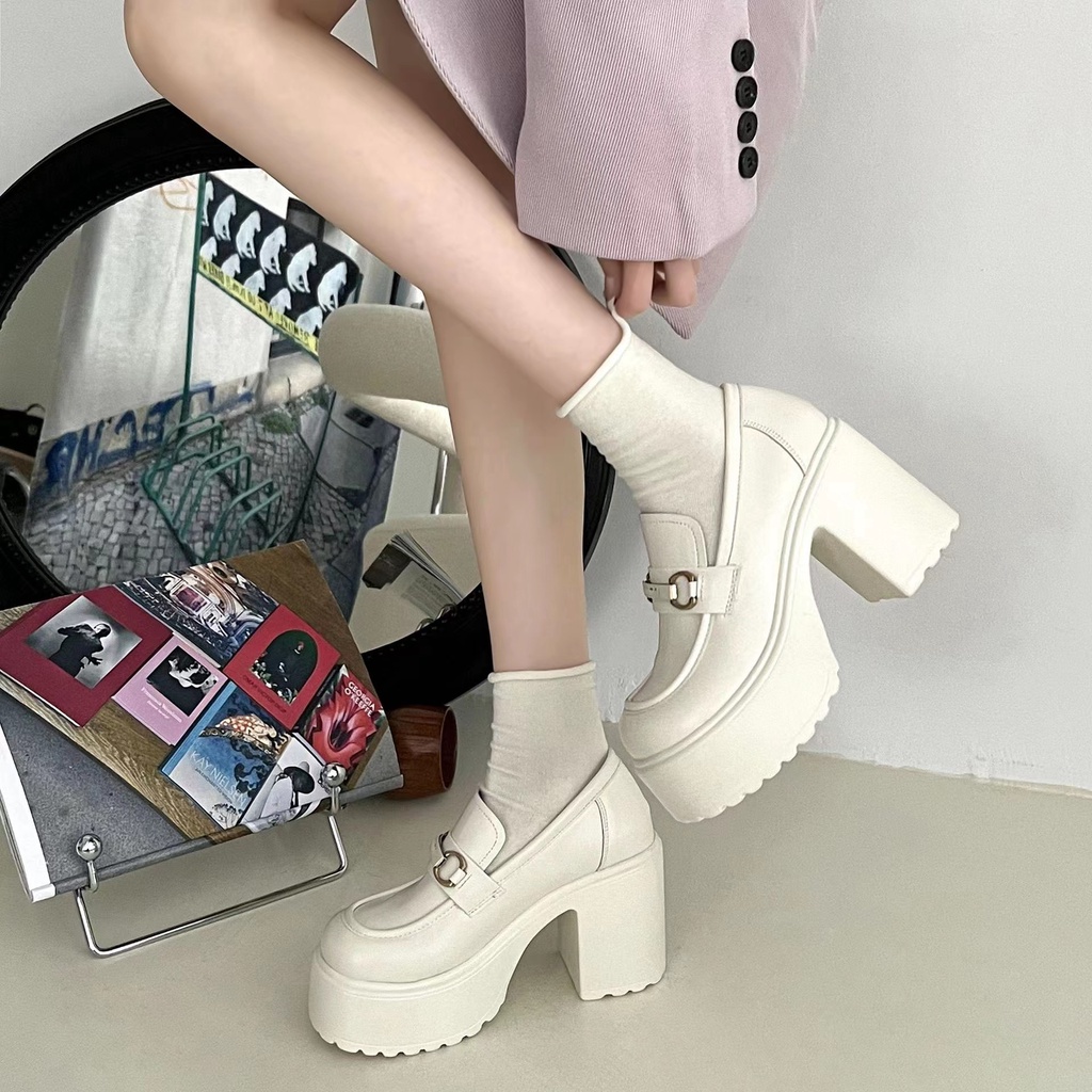 Giày Cao Gót Da Đế Dày 10CM Màu Trắng / Đen Phong Cách Lolita Thời Trang 2023 Cho Nữ