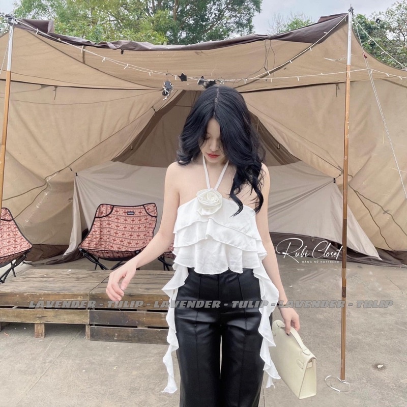 Áo cổ yếm bèo tua dài cổ phối hoa siêu xinh hàng QC loại 1 ảnh thật - hàng có sẵn