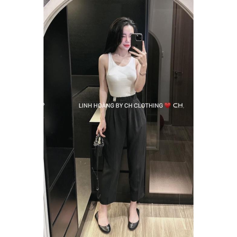 Quần Baggy Vải Cạp CHun Giả Cúc Thêu Tem Chất Trượt - Quần Tây Chất Đẹp QC