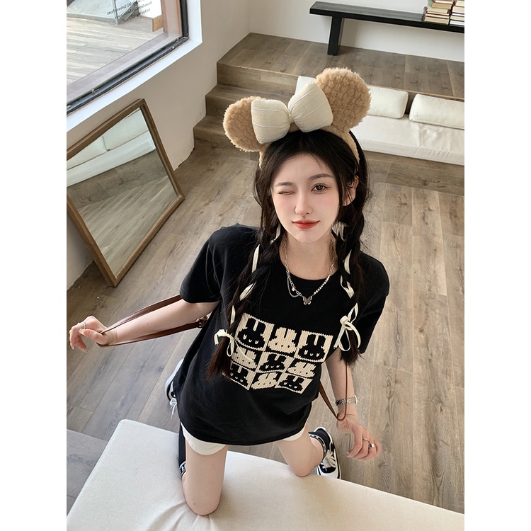 NUZIRO Áo Thun Tay Ngắn Cổ Tròn Dáng Rộng Thêu Họa Tiết Thời Trang Mùa Hè Phong Cách Hàn Quốc Cho Nữ