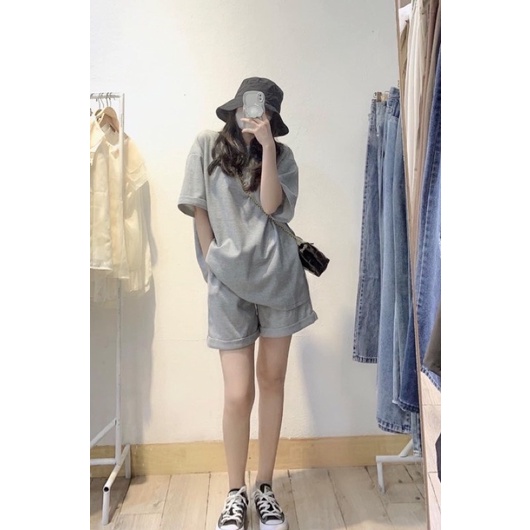 Set Trơn Tổ Ong Cộc Tay Unisex Bộ Quần Short Đùi Áo Thun Rộng Tay Lỡ, Sooc Phông Mặc Ở Nhà Mẻ