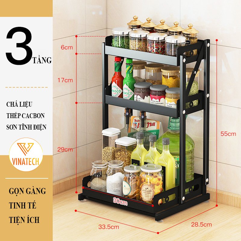 Kệ gia vị đa năng 3 tầng với thiết kế vô cùng gọn, Kệ để đồ nhà bếp sơn đen tĩnh điện chống han gỉ