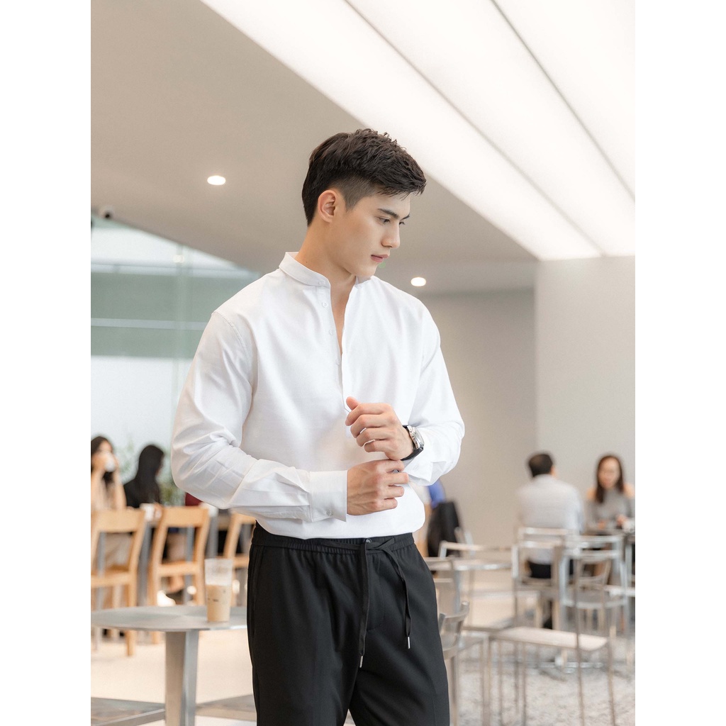 Áo Sơ Mi Nam Banded White, Chất Vải Cotton Thoải Mái, SM0012, SOMEHOW