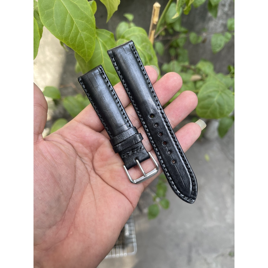 Dây Đồng Hồ Nam Nữ Da Bò Ý Vachetta Khâu Chỉ Viền Màu Đen Có Size lẻ TẶNG KÈM Khoá, Chốt Và Dụng Cụ Tháo lắp dây