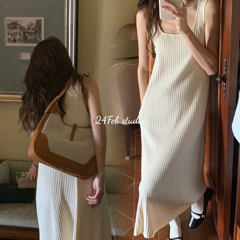 Váy hai dây len gân dáng xuông phong cách Vintage Hàn Quốc