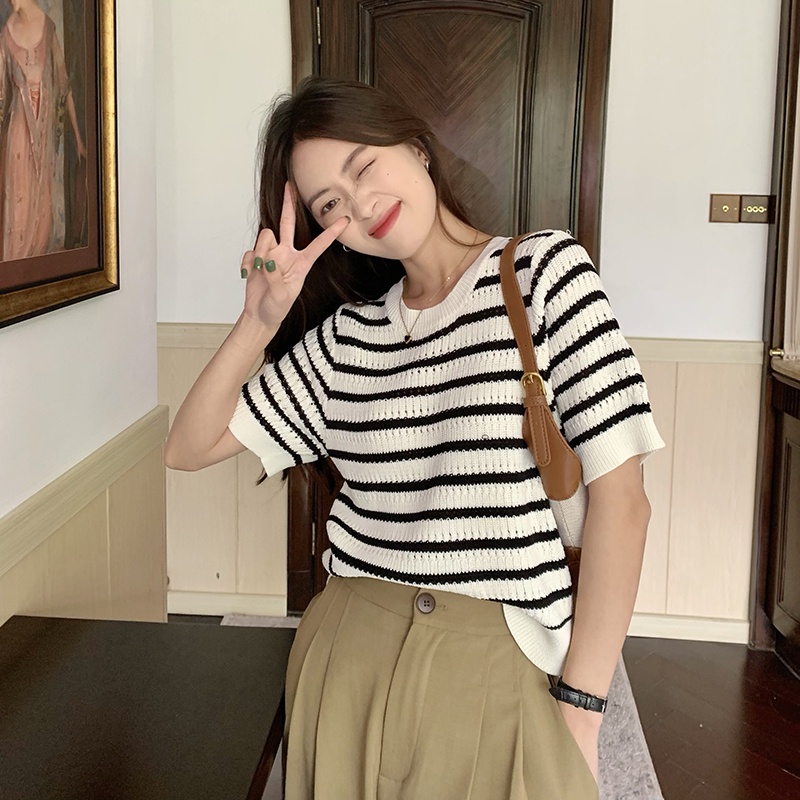 NUZIRO Áo thun  dệt kim tay ngắn dáng rộng họa tiết kẻ sọc phong cách Hàn Quốc thời trang mùa hè cho nữ