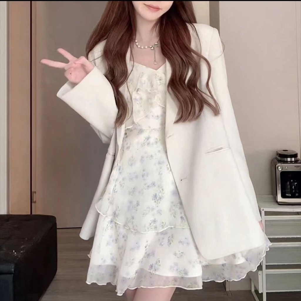 Váy 2 dây Đầm hoa dây Voan công chúa dịu dàng hoa nhài +Cardigan  mỏng Đầm váy đẹp dài và ngắn mùa hè bộ đồ nữ hai mảnh