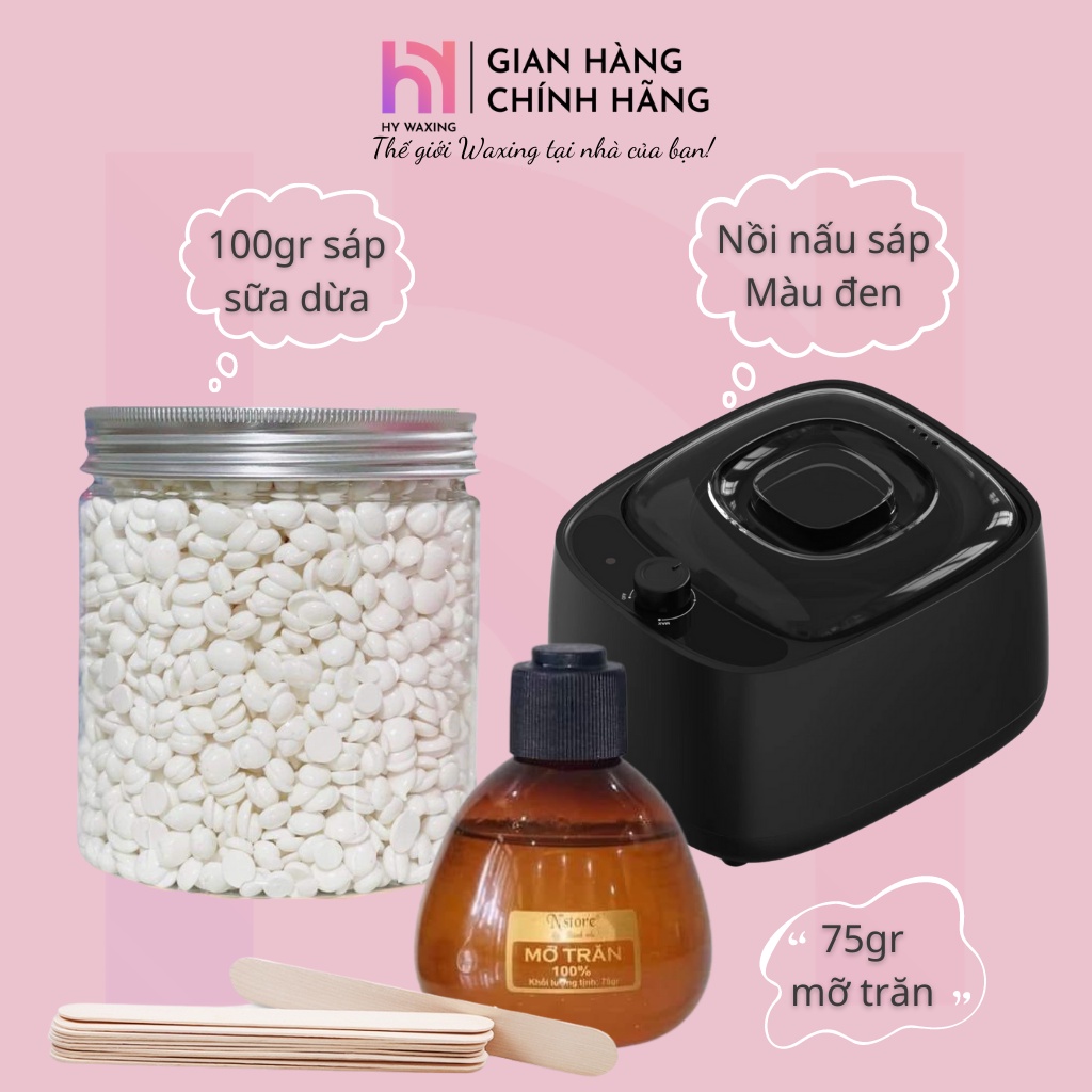 [CHE TÊN] Combo 100gr Sáp Sữa Dừa Premium + Nồi Nấu Sáp Wax Lông Chống Dính + 75gr Mỡ Trăn HY WAXING