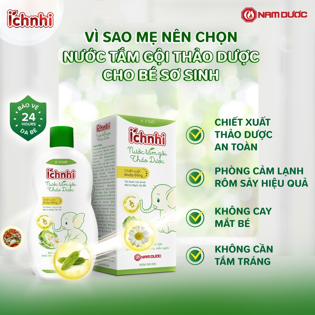 Combo 2 chai Nước tắm gội thảo dược Ích Nhi (0-3 tuổi) bảo vệ bé suốt 24h ngừa rôm sảy, hăm da, mẩn ngứa, 230ml/ 1 chai