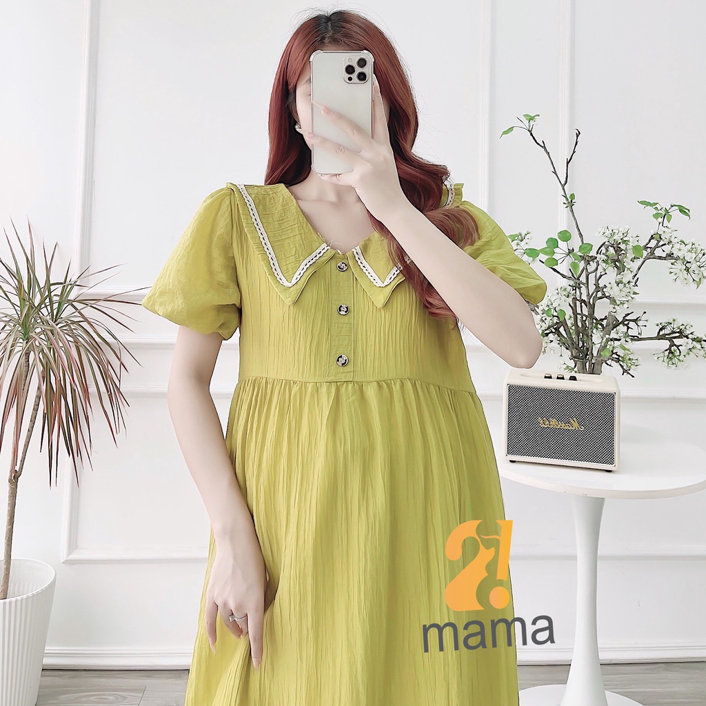 Đầm bầu công sở 2mama chất voan 2 lớp thoáng mát, dáng suông thiết kế cổ thêu hoa V401