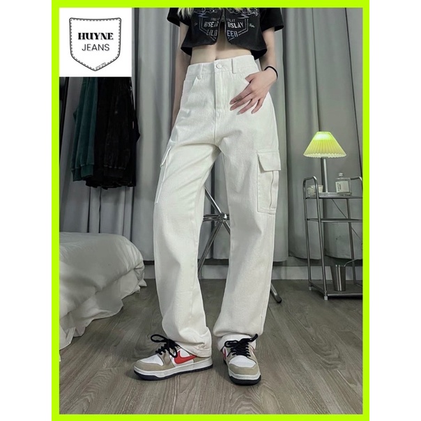 Quần jean túi hộp màu trắng ống rộng hot trend TQ Jean