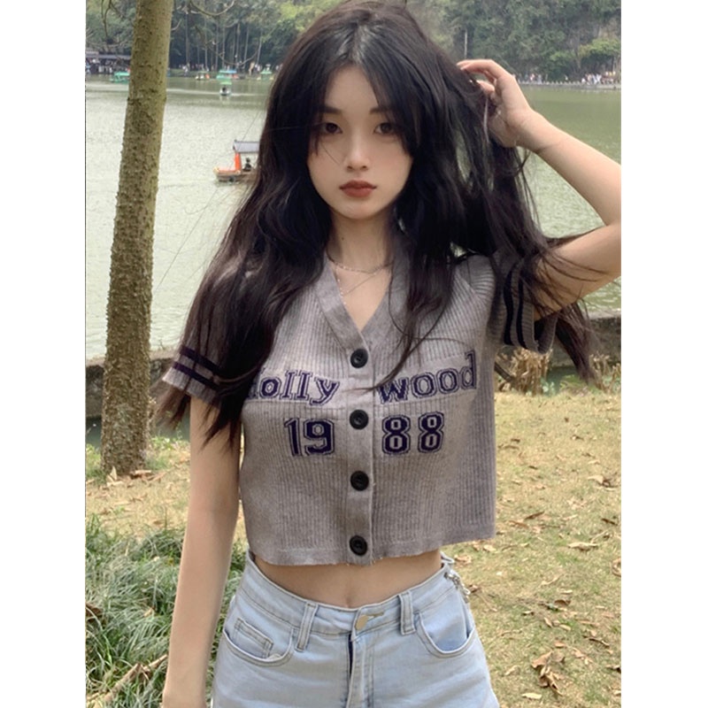 Áo Dệt Kim Tay Ngắn Cổ Chữ V In Chữ Thời Trang Hàn Quốc Cho Nữ