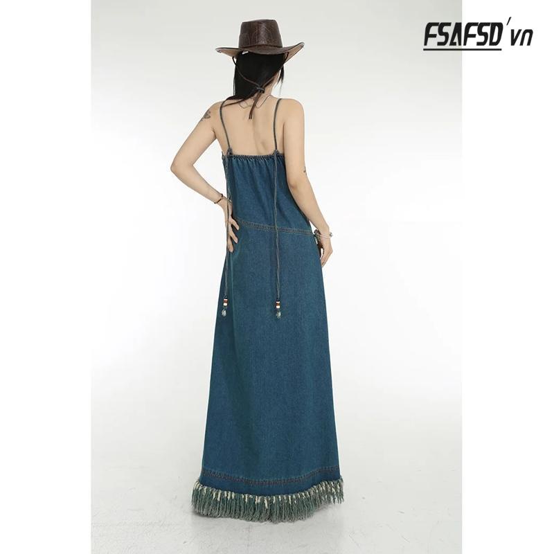 Đầm Yếm Denim Tua Rua Thời Trang Dành Cho Nữ