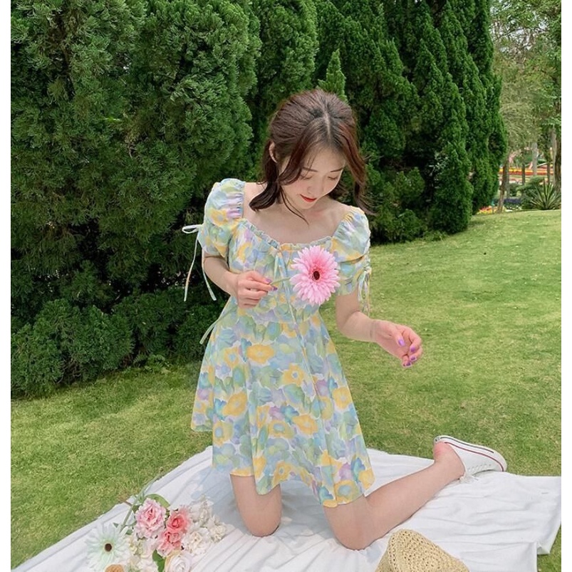 Đầm Hoa Cổ Vuông Dáng Chữ A Chiết Eo Cao Phong Cách Thời Trang Pháp