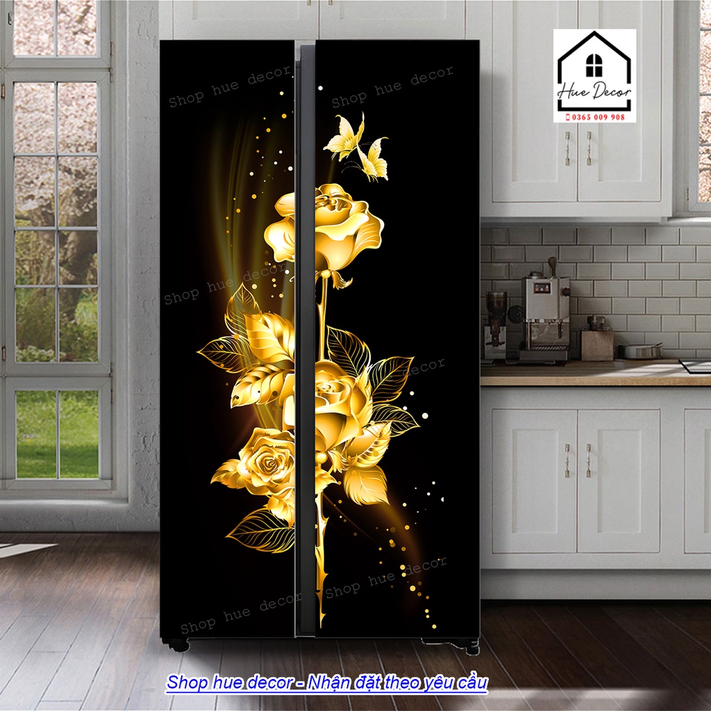 Decal dán tủ lạnh 2 cánh, 4 cánh bông hồng vàng hue decor, chống nước siêu bền, chất lượng, giá rẻ