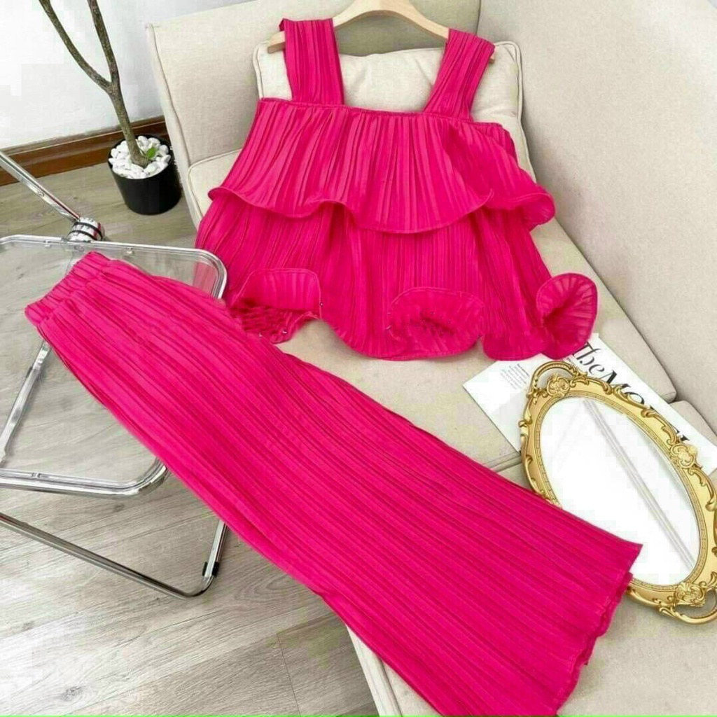 Set đi biển, set đồ nữ đi chơi áo 2 dây phân tầng phối quần ống rộng màu sắc tươi mới phong cách thoải mái cho nàng