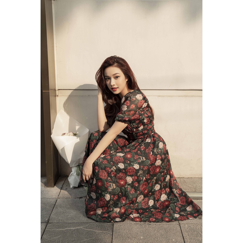 Váy nhún bèo chất liệu tơ in hoa The Peachy- Barbie Dress