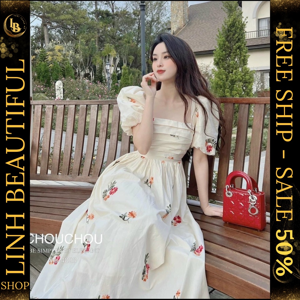 💕𝙁𝙍𝙀𝙀𝙎𝙃𝙄𝙋💕Đâm hoa nhí vintage xếp li ngực tay bồng - Váy tiểu thư ulzzang 2 lớp tiêu thư nhẹ nhàng , Linh Beautiful