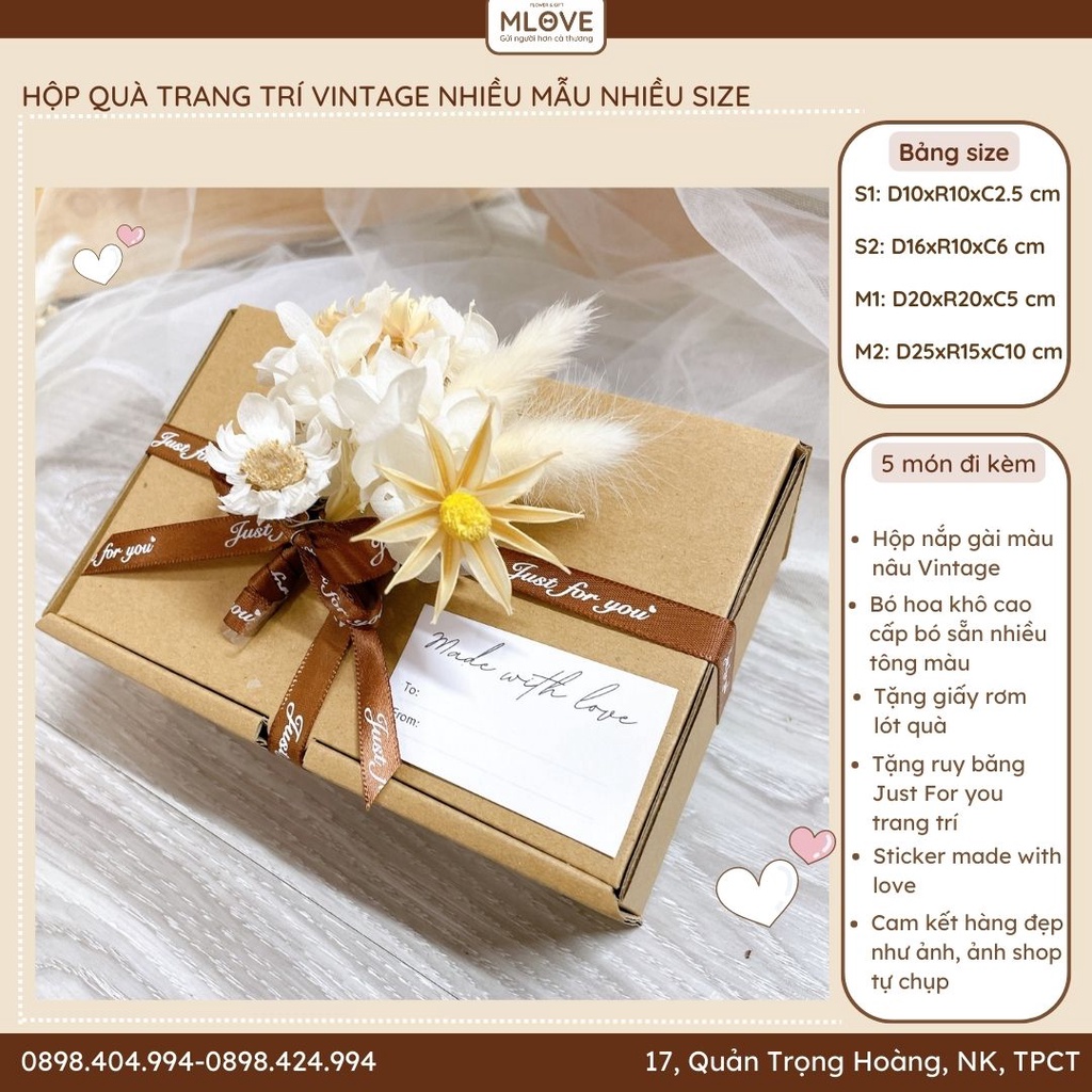 {Giảm giá} Hộp quà đựng quà tặng đính kèm hoa khô tặng kèm thiệp và giấy rơm rất đẹp siêu Vintage có sẵn nhiều mẫu