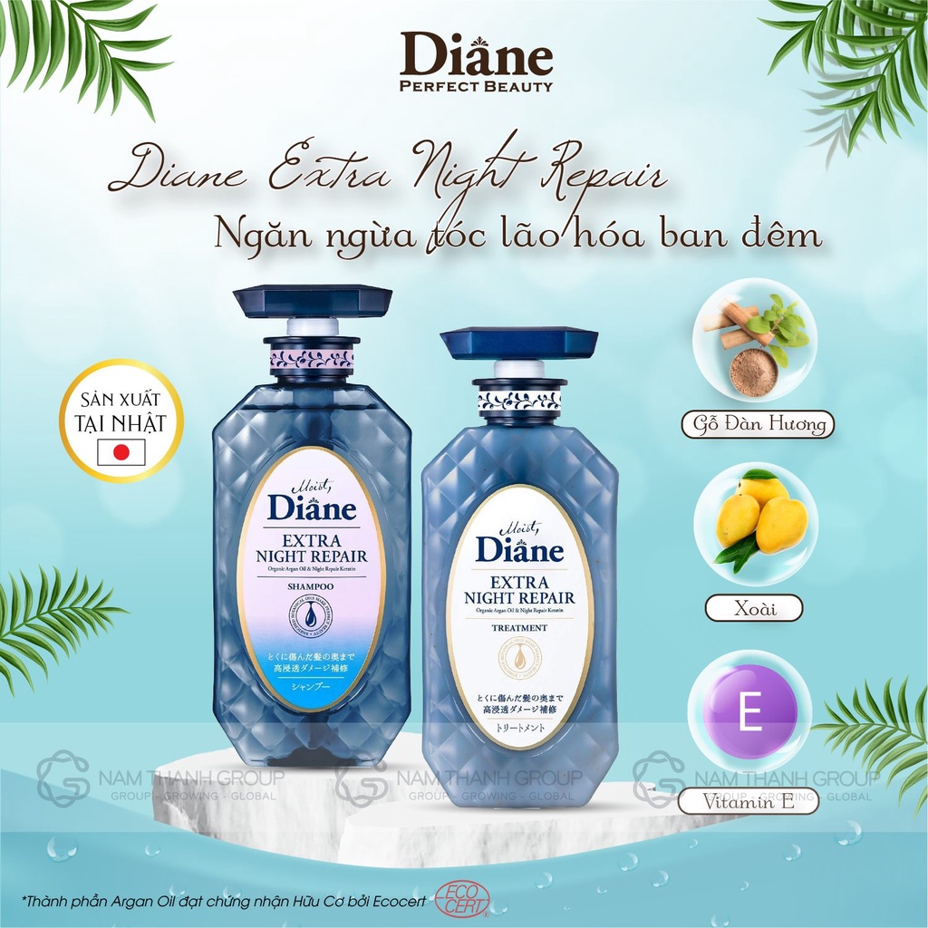 Combo gội xả phục hồi chuyên sâu tóc hư tổn Moist Diane Extra Night Repair 450ml