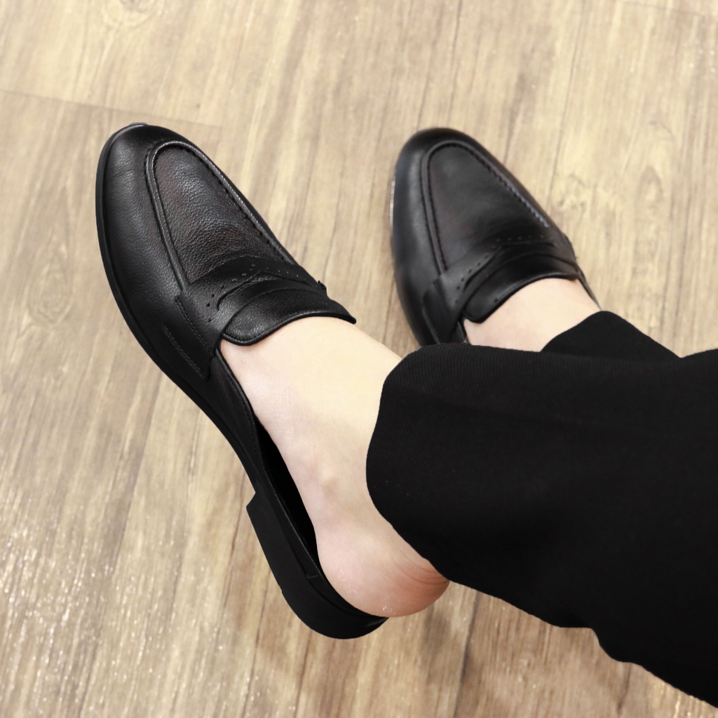 Giày sục nam da bò sần, da miu cao cấp đế cao su đúc - Bảo hành 12 tháng S011 màu đen