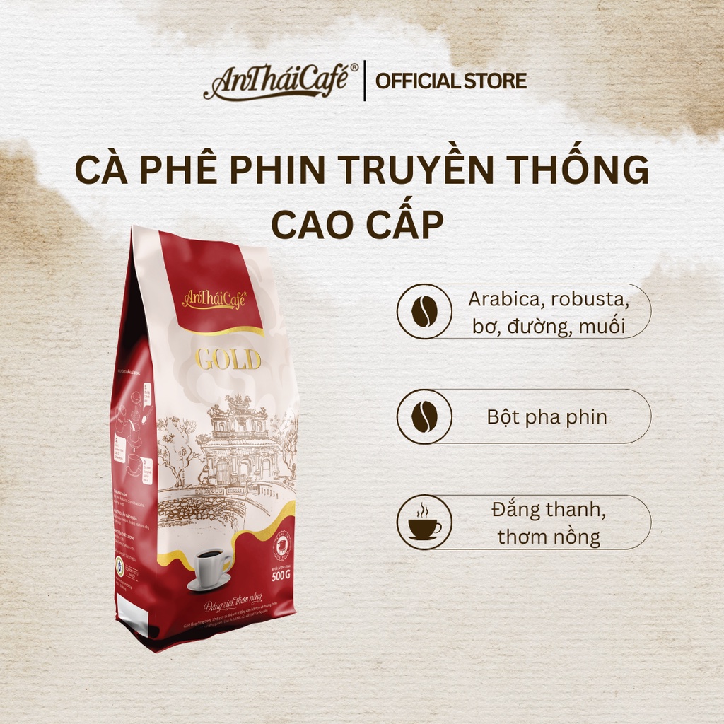 Bột cà phê nguyên chất Đak Lak robusta và arabica vị đắng thanh túi Gold 500gr An Thái Cafe