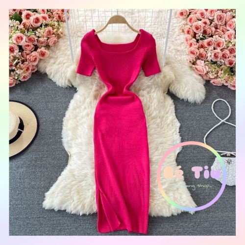Đầm Váy Len Montogi Cổ Tròn Tay Ngắn Xẻ Đùi Gợi Cảm | Bé Tiu Clothing